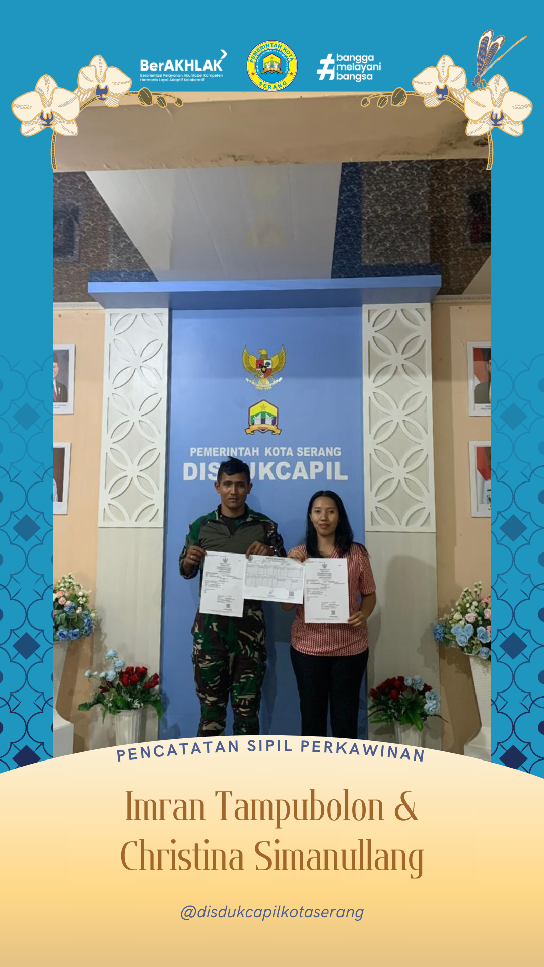 Disdukcapil Kota Serang Fasilitasi Pencatatan Perkawinan Pasangan Imran Tampubolon dan Christina Simanullang