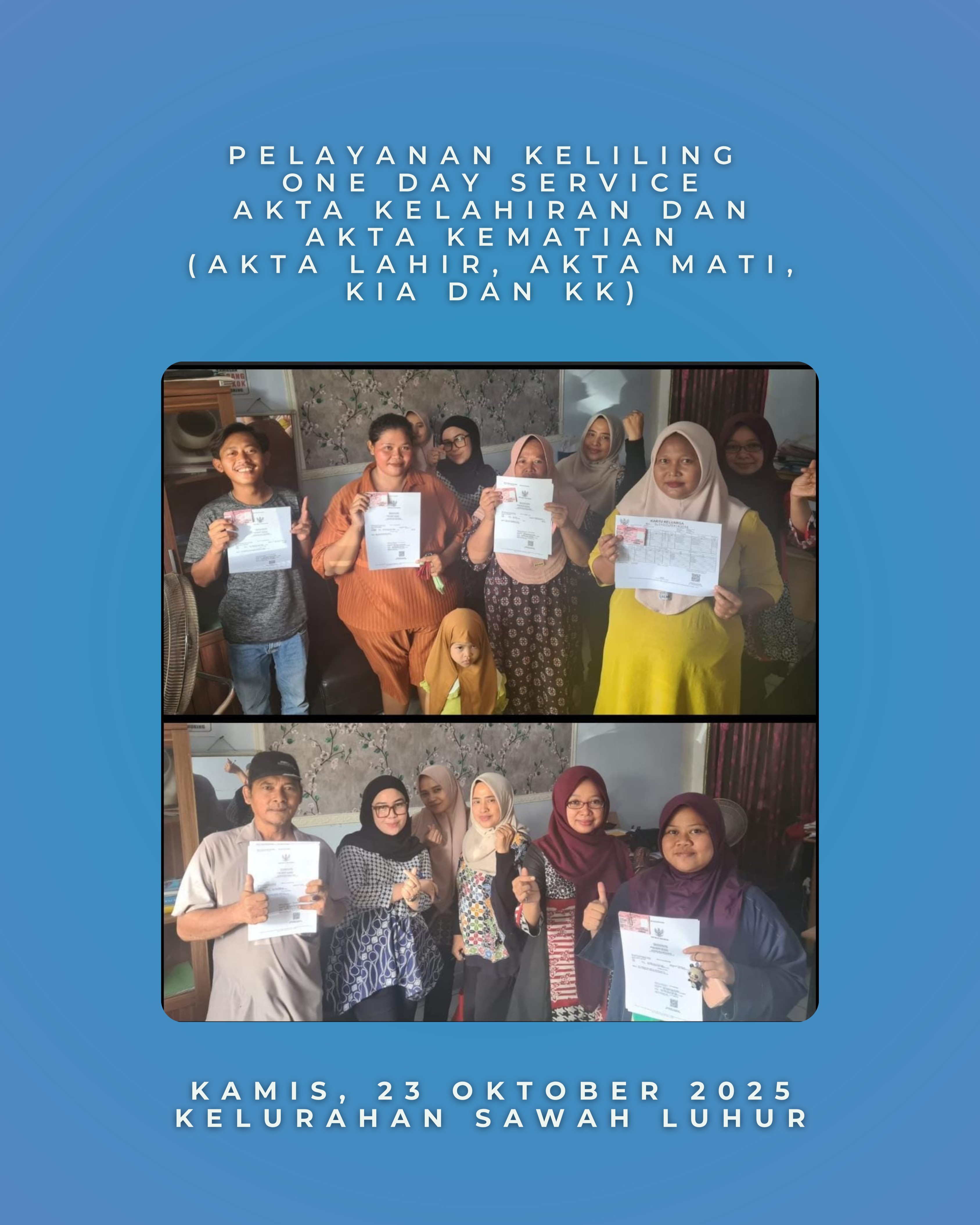 Disdukcapil Kota Serang Serahkan Hasil Dokumen One Day Service Catatan Sipil kepada Warga Kelurahan Sawah Luhur