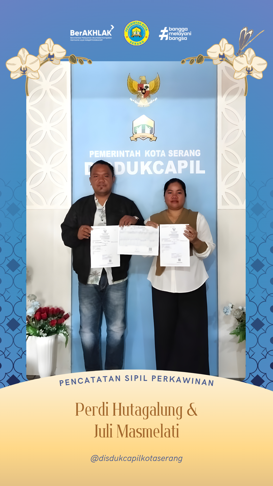 Wujudkan Legalitas Keluarga, Disdukcapil Kota Serang Fasilitasi Pencatatan Sipil Perkawinan Perdi & Juli