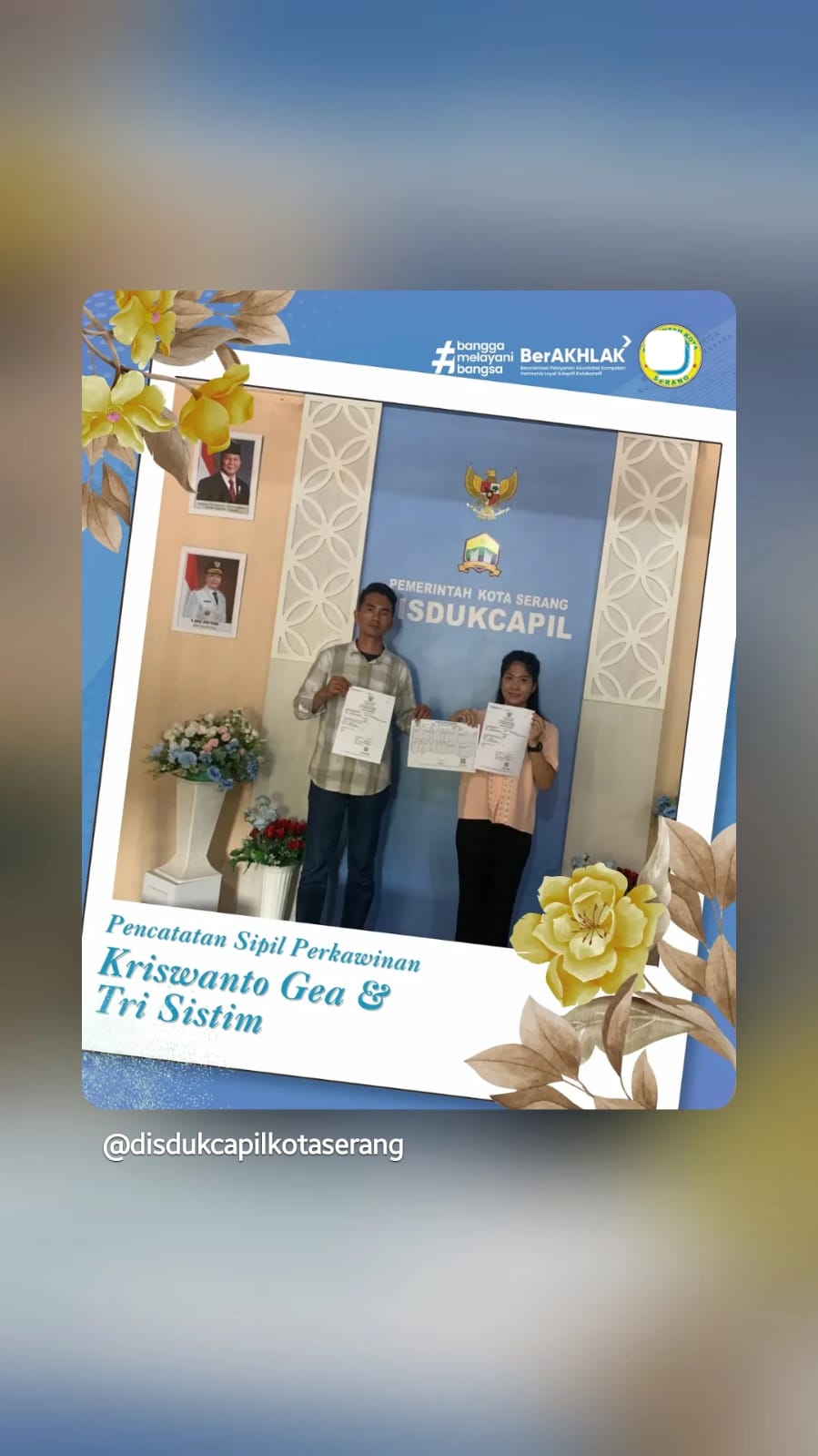 Selamat atas pencatatan sipil perkawinan pasangan Kriswanto Gea dan Tri Sistim di Disdukcapil Kota Serang